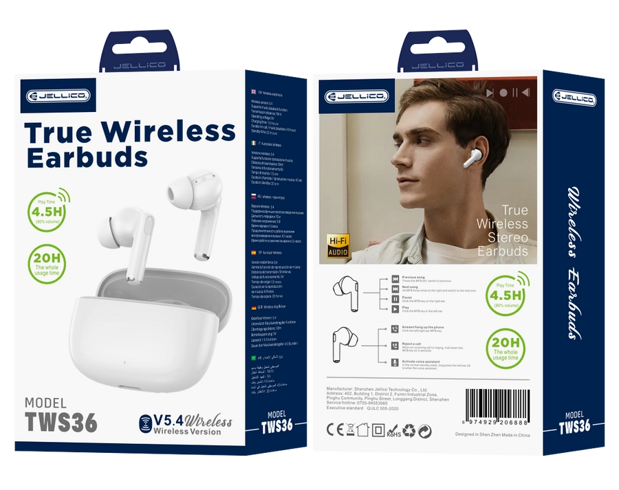 Jellico bezdrátové sluchátka Bluetooth TWS36 bílé