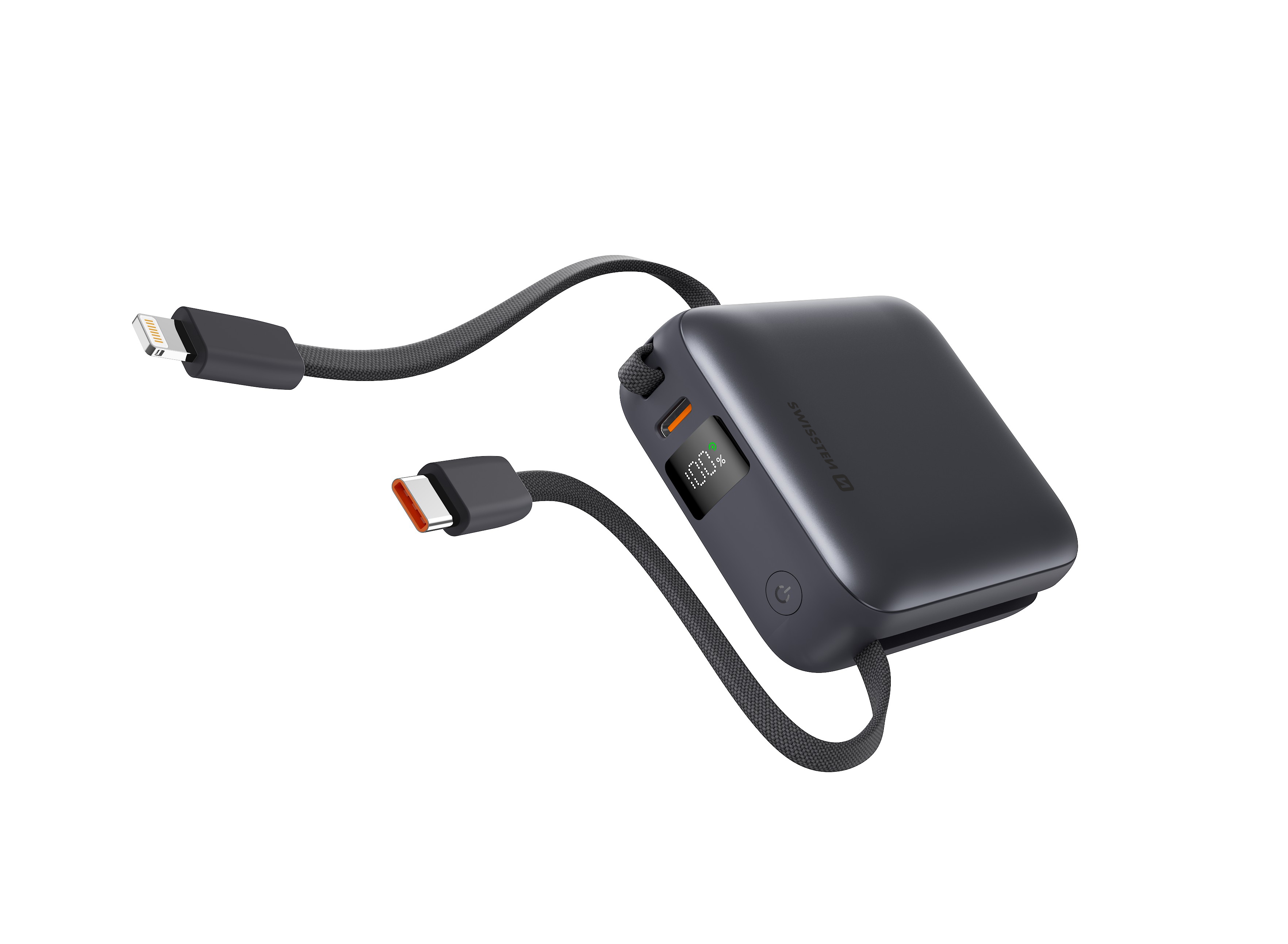 Swissten Powerbanka 10 000 mAh 22,5 W s vestavěným USB-C a lightning kabelem černá