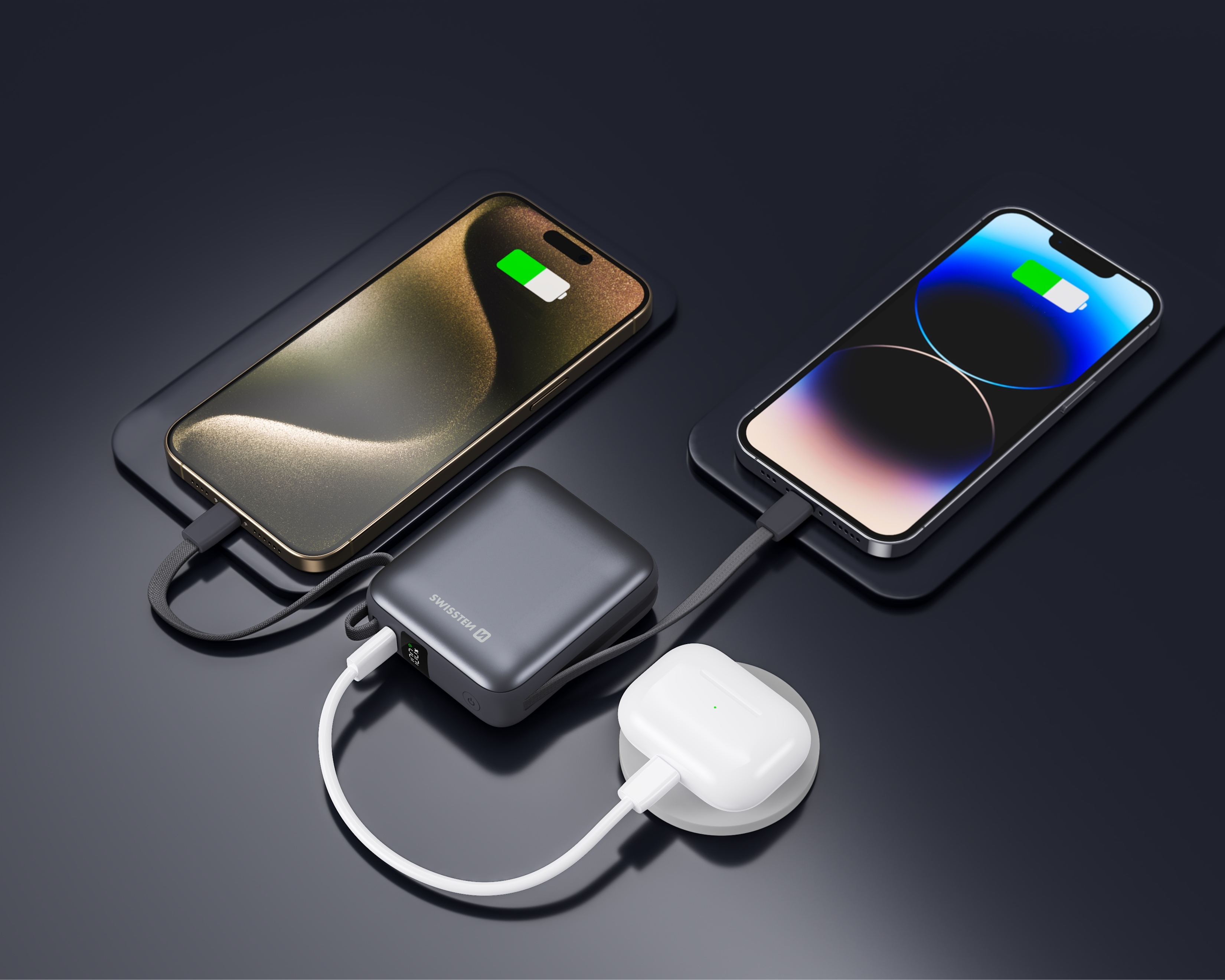 Swissten Powerbanka 10 000 mAh 22,5 W s vestavěným USB-C a lightning kabelem černá