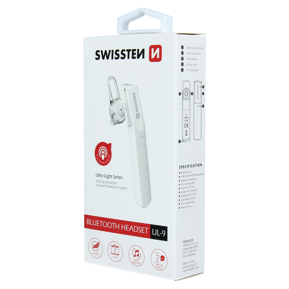 Swissten bluetooth headset UL-9 - Lehké a kvalitní bluetooth sluchátko handsfree