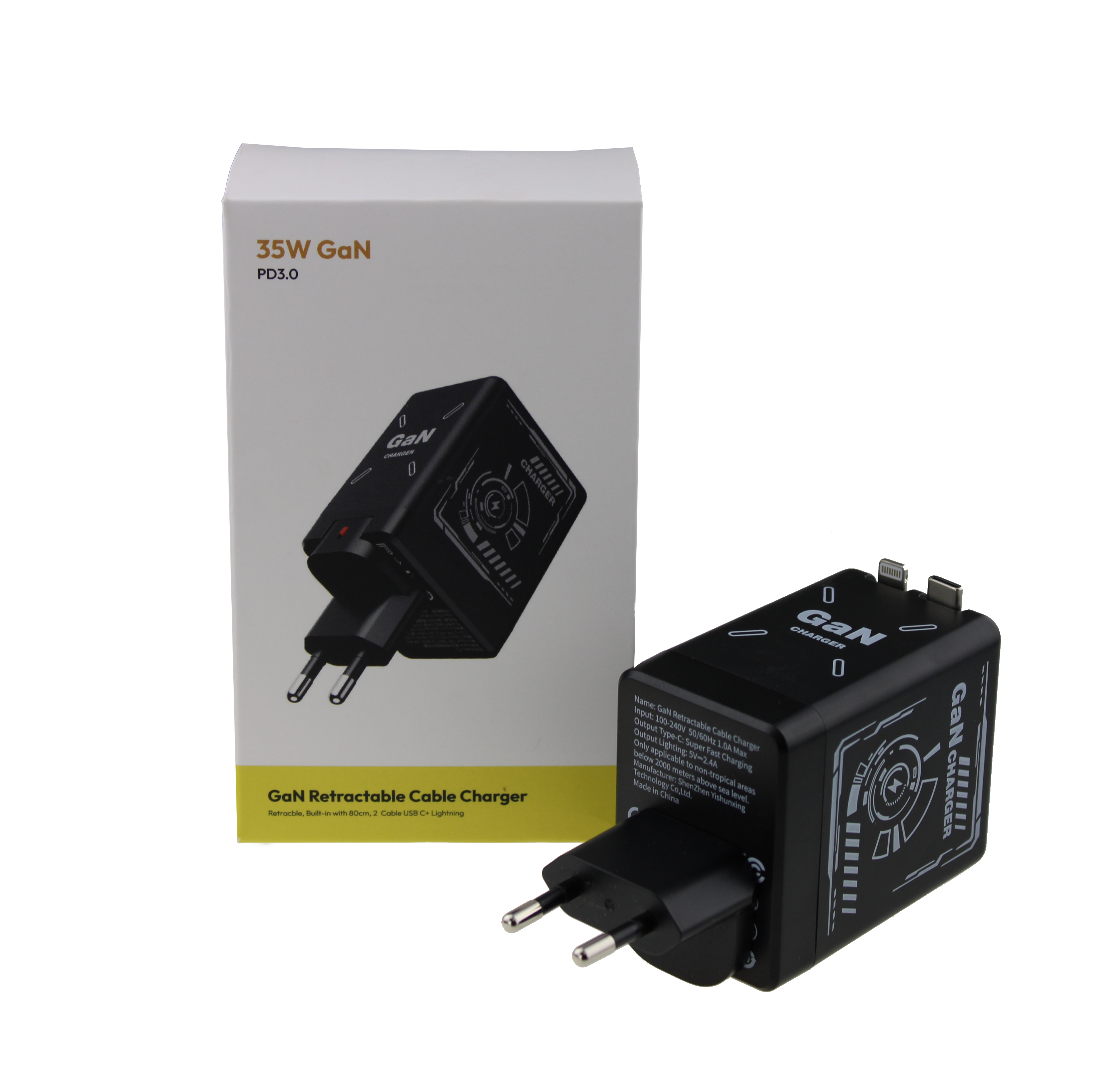 Tiive Síťová nabíječka 35W GaN s vestavěnými kabely USB-C a Lightning černá