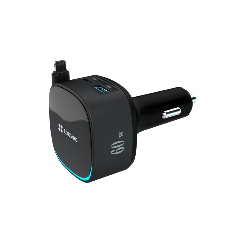 Tiive Autonabíječka 60W s navíjecím kabelem USB-C / Lightning 0,7 m černá