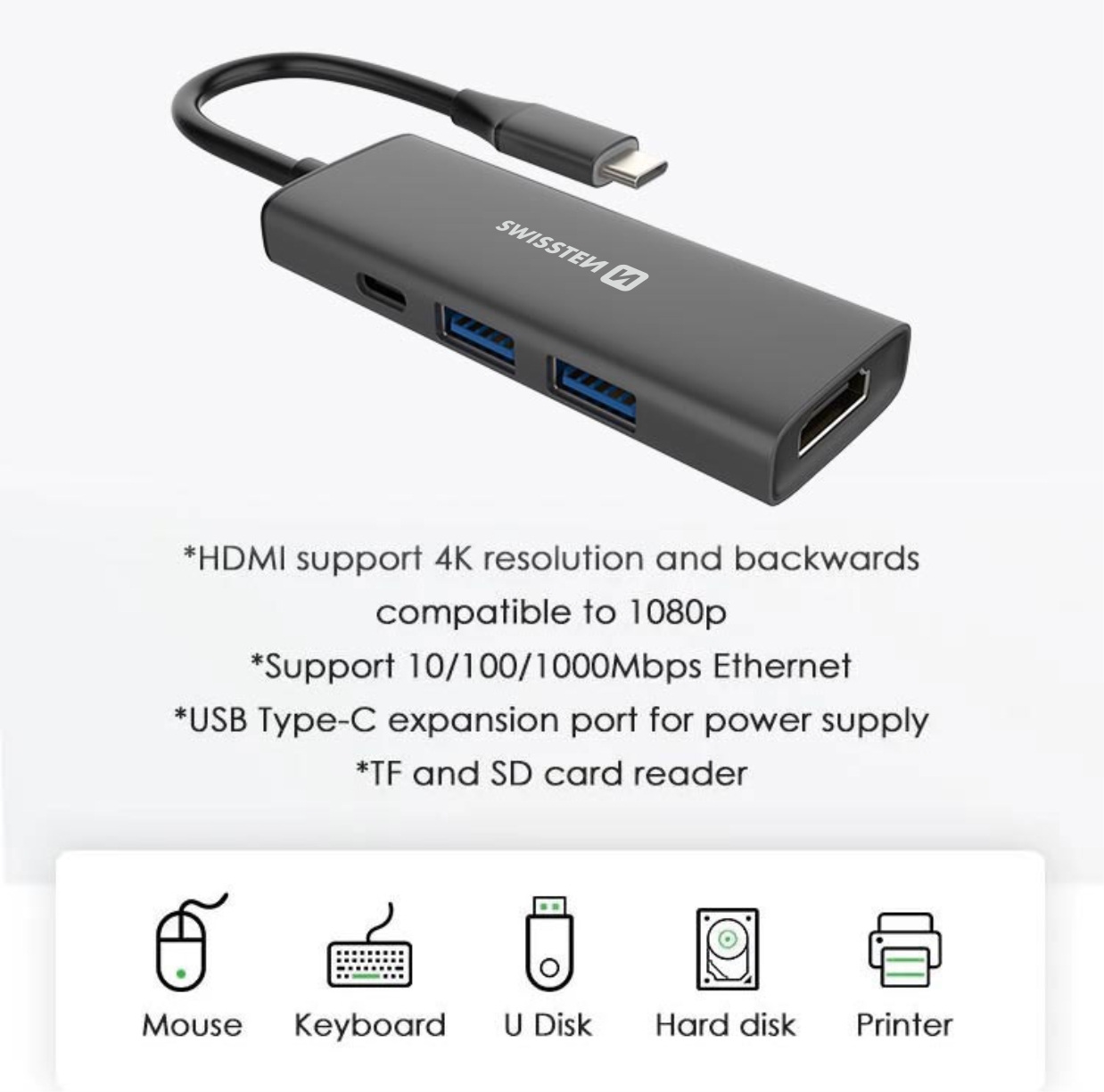 SWISSTEN HUB USB-C 4 w 1 USB-C 100W, HDMI 4K, 2x USB-A hlinííkový černý