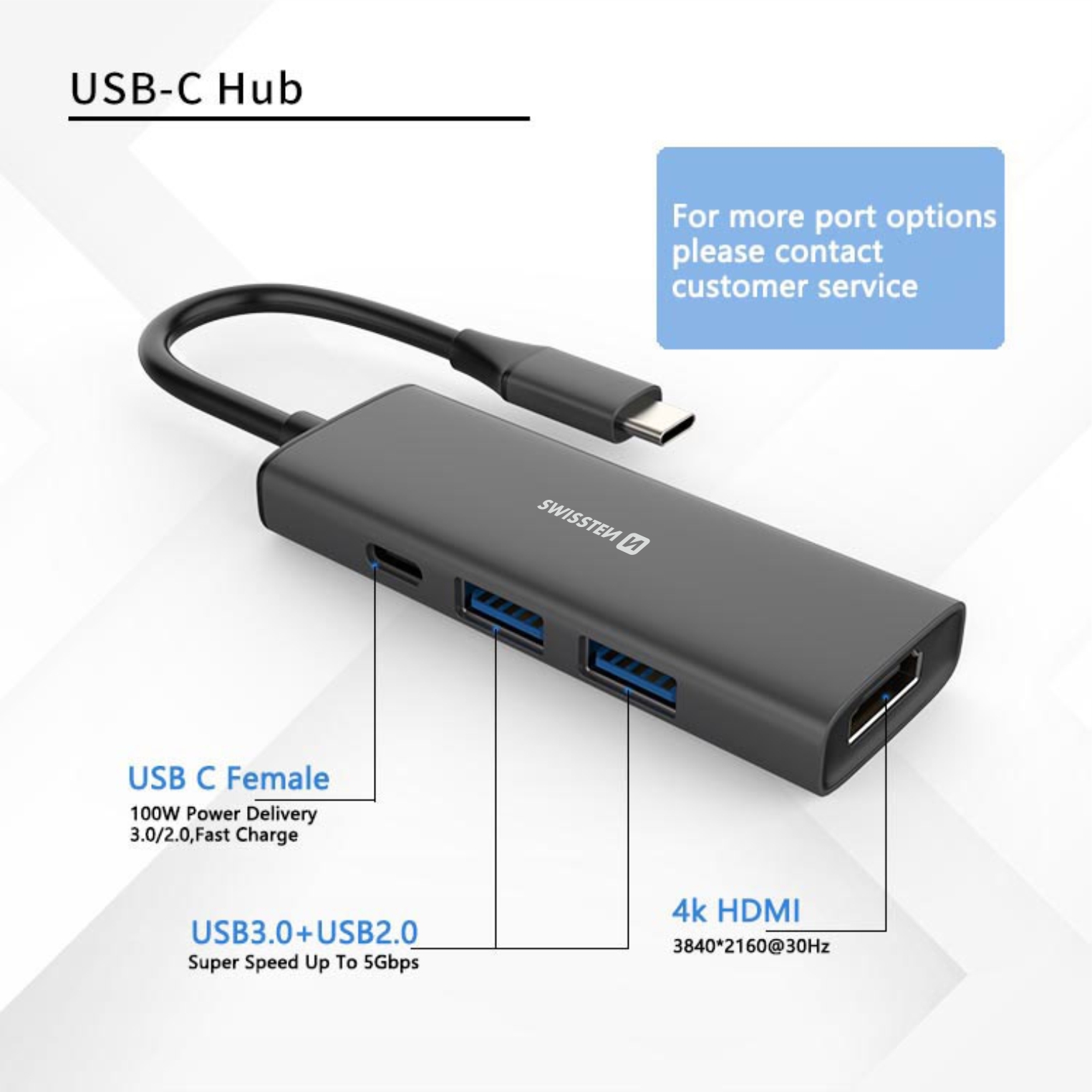 SWISSTEN HUB USB-C 4 w 1 USB-C 100W, HDMI 4K, 2x USB-A hlinííkový černý