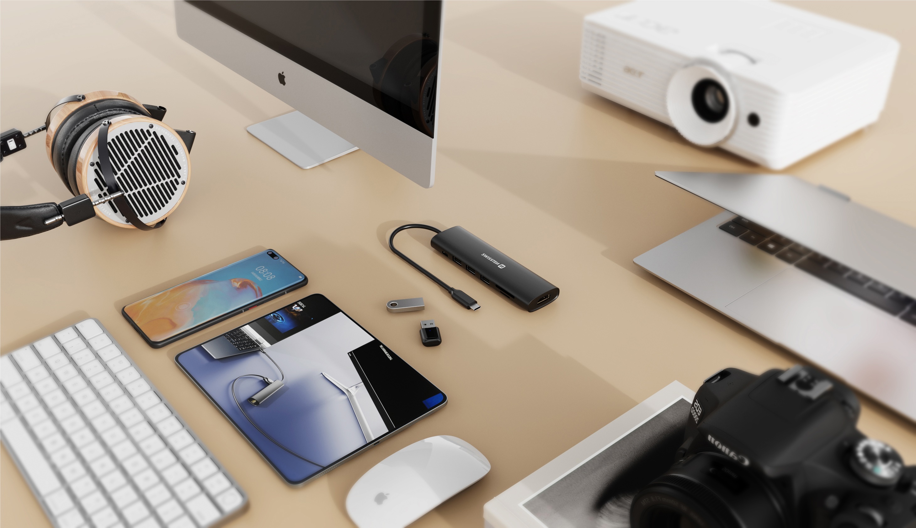 SWISSTEN Hub USB-C 7v1 USB-C 100W, HDMI 4K, 1x USB-A 3.0, 2x USB-A 2.0, SD, MicroSD aluminiový černý