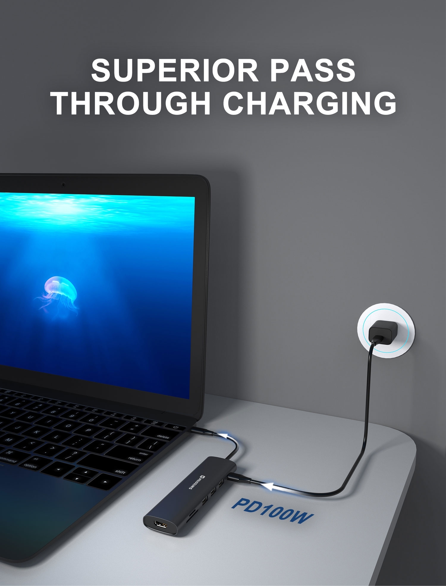 SWISSTEN Hub USB-C 7v1 USB-C 100W, HDMI 4K, 1x USB-A 3.0, 2x USB-A 2.0, SD, MicroSD aluminiový černý