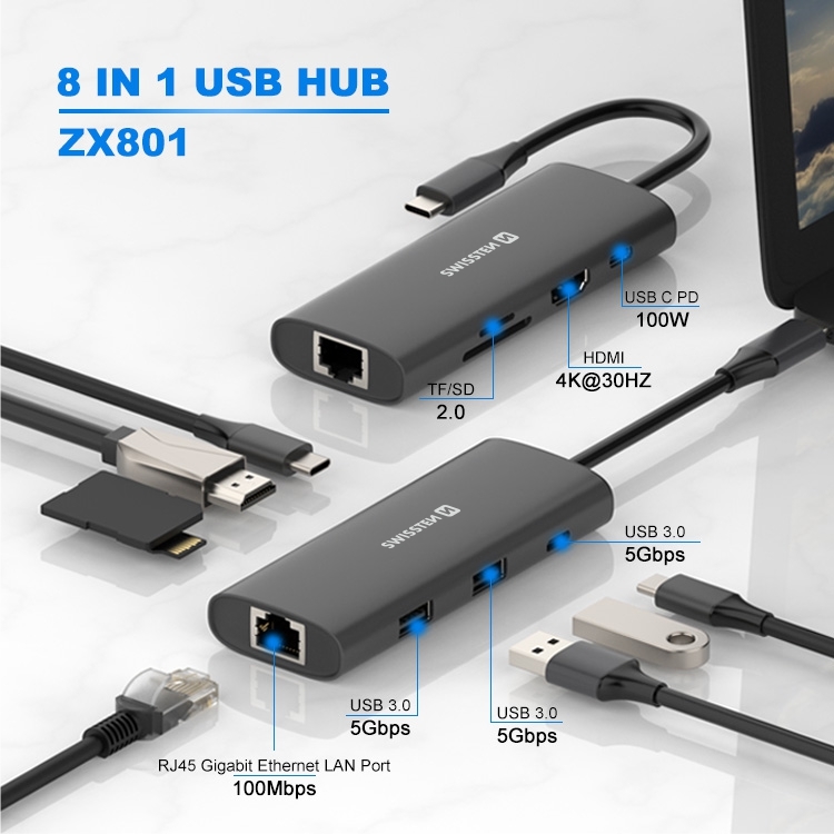 SWISSTEN Hub USB-C 8 v 1 USB-C 100W - HDMI 4K, LAN RJ45, 2x USB-A, 1x USB-C 5 GB/s, SD, MicroSD černý hliníkový