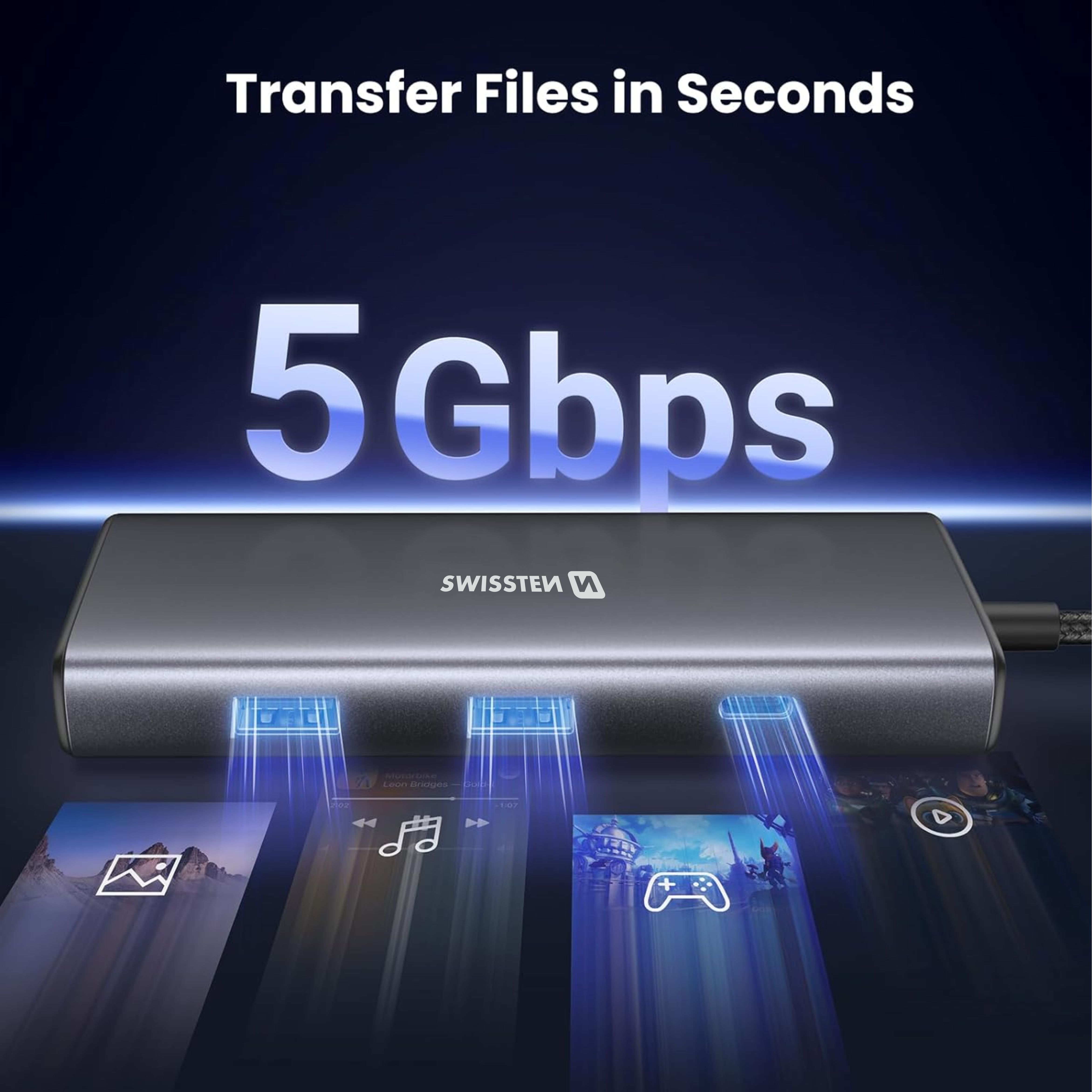 SWISSTEN Hub USB-C 8 v 1 USB-C 100W - HDMI 4K, LAN RJ45, 2x USB-A, 1x USB-C 5 GB/s, SD, MicroSD černý hliníkový