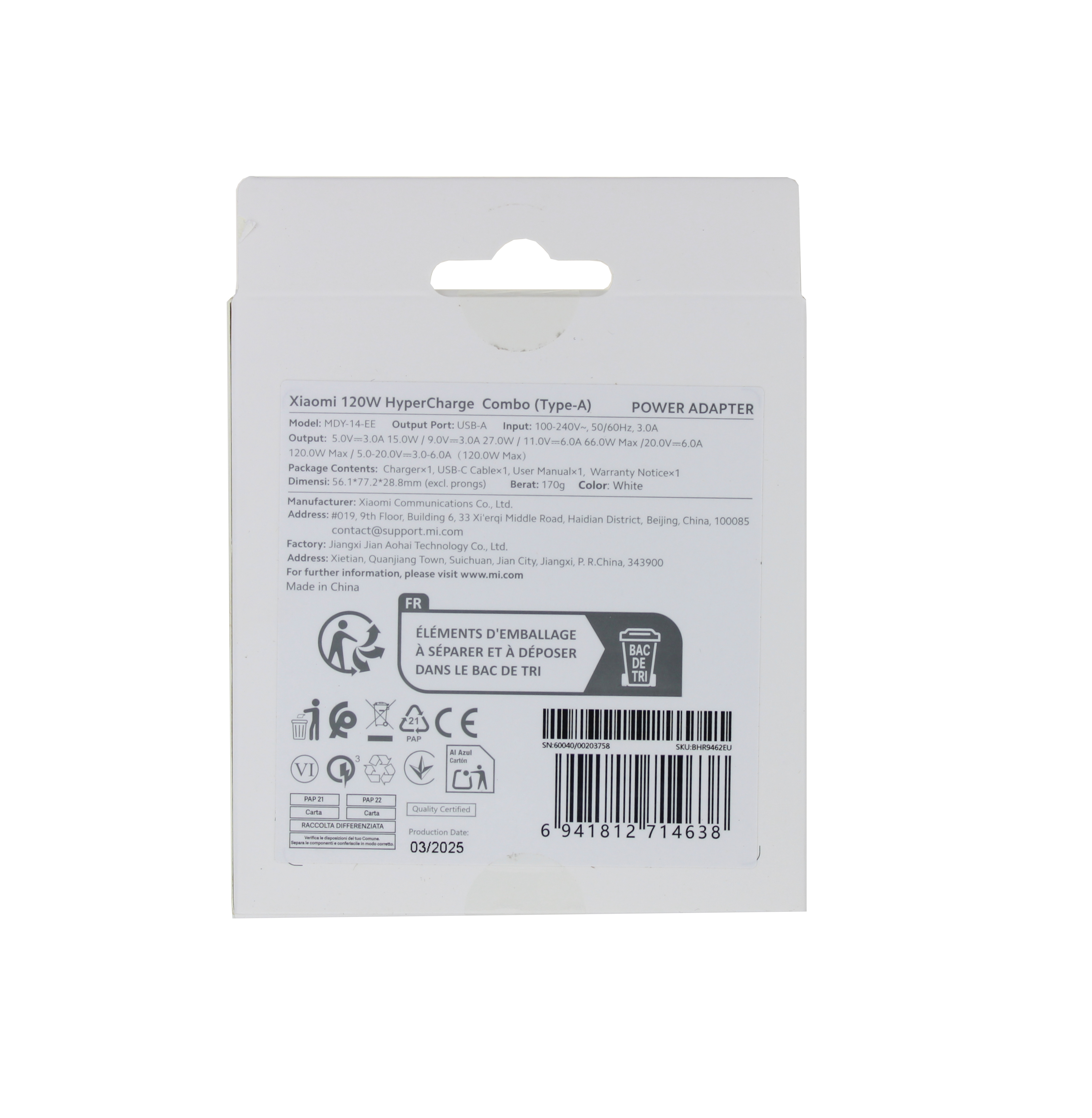 Originál síťová nabíječka Xiaomi MDY-14-EE 120W QC 3.0 + USB-C kabel MiCharge Turbo 6A bílá