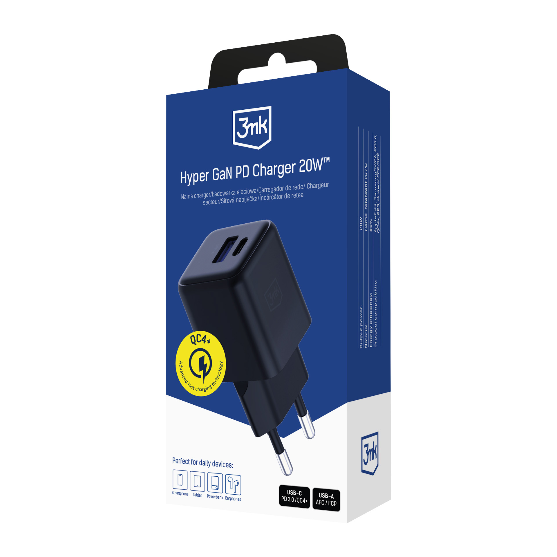 3MK síťová nabíječka Hyper GaN PD QC 4.0 PPS USB-C + USB-A černá
