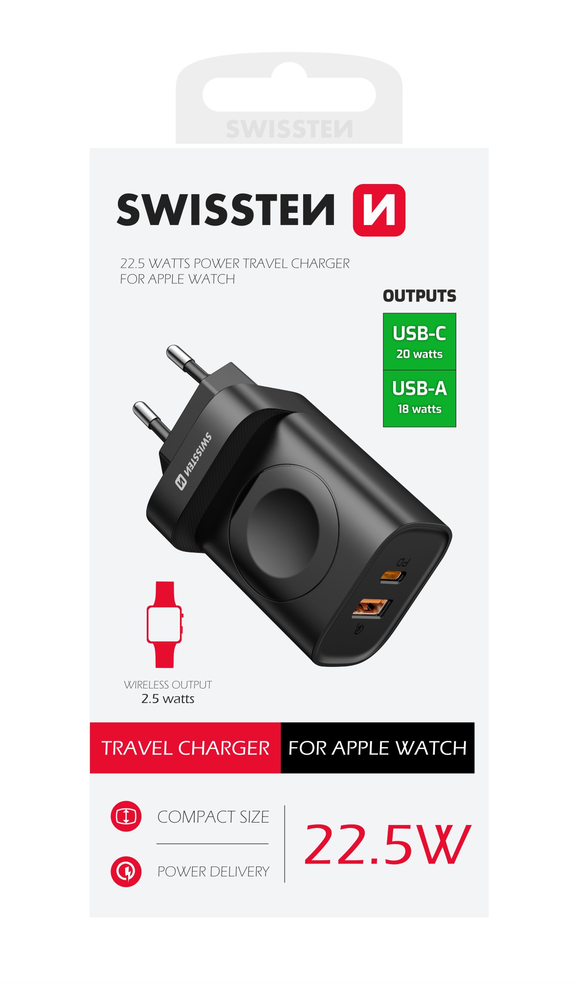 SWISSTEN Síťová nabíječka USB-A + USB-C nabíjení Apple Watch