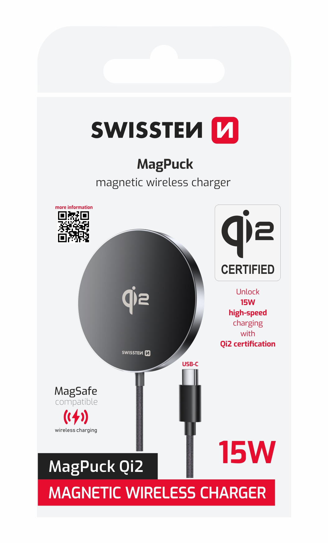 SWISSTEN Bezdrátová nabíječka MagSafe 15W Qi2 černá 1,5m iPhone Appple černá
