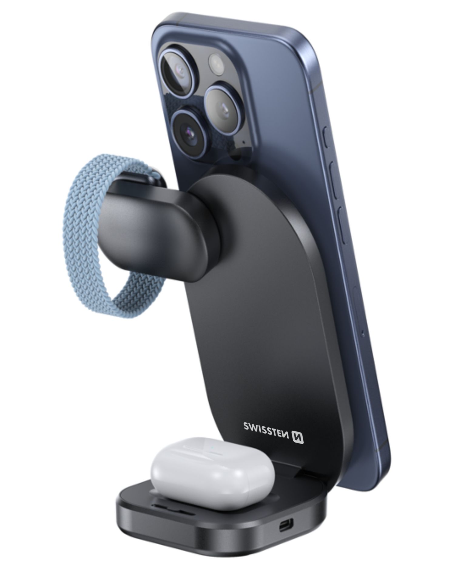 Swissten bezdrátová nabíječka 3 v1 Qi2 iPhone - Apple Watch - AirPods MagSafe černá