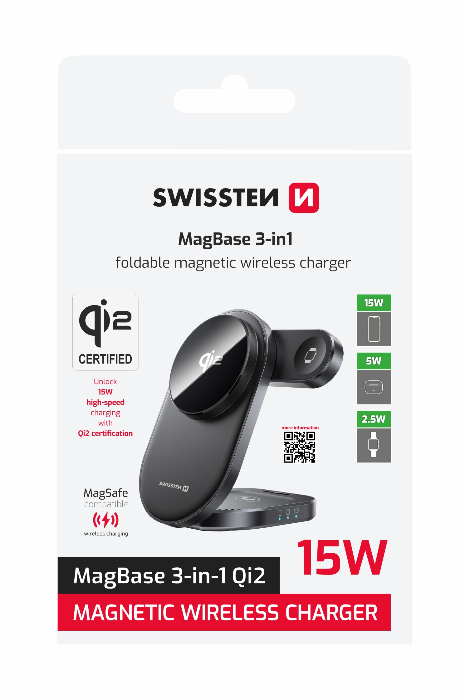 Swissten bezdrátová nabíječka 3 v1 Qi2 iPhone - Apple Watch - AirPods MagSafe černá