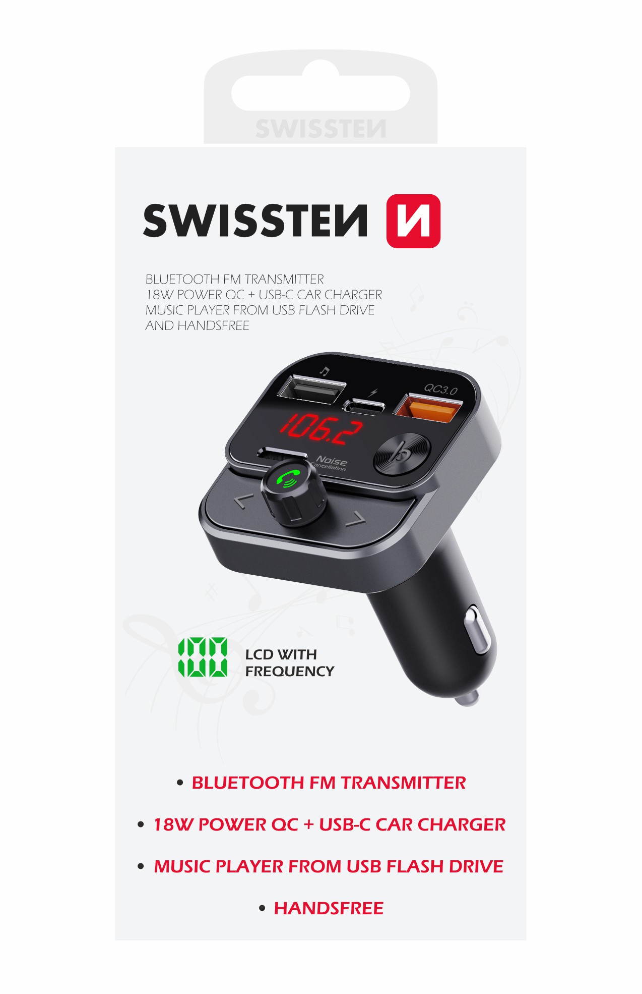 SWISSTEN FM Transmitter - nabíječka USB + USB-C černý