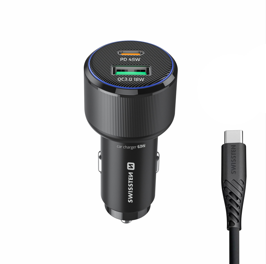 SWISSTEN Autonabíječka USB-A 18 W + USB-C PD 45 W + kabel USB-C 1 m
