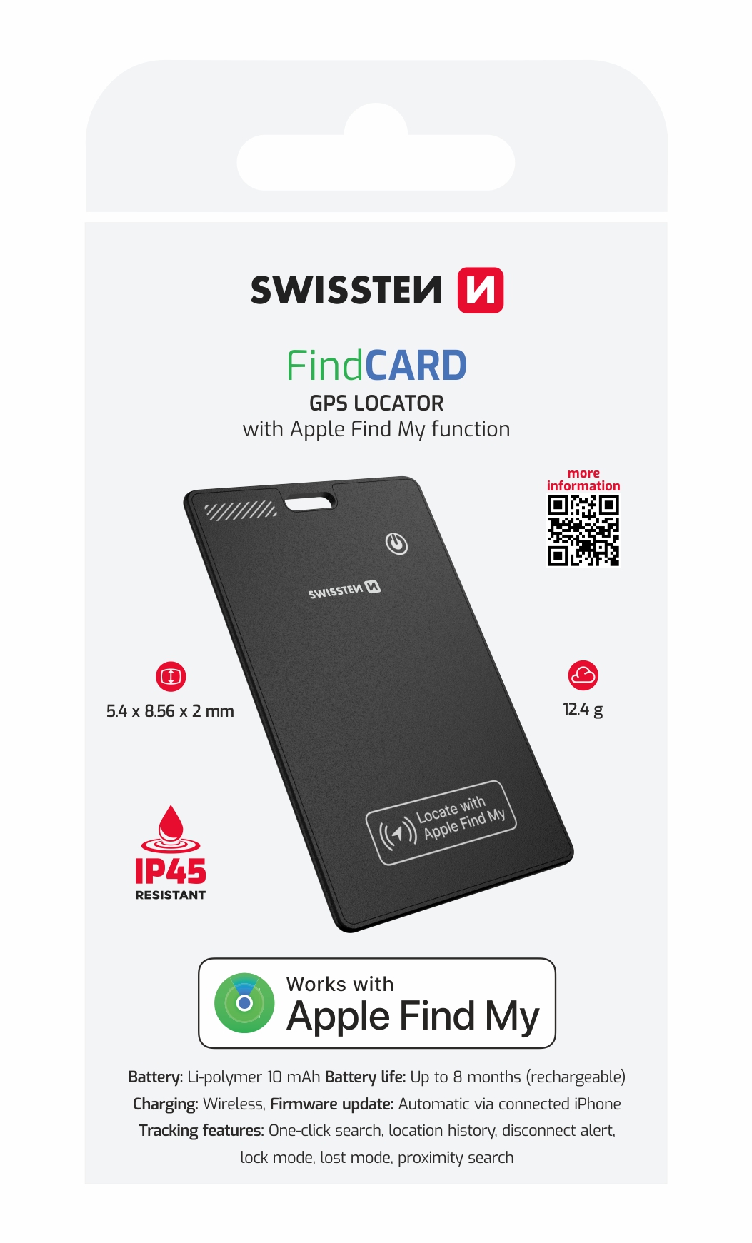 Swissten Find Card – lokalizátor ve formě karty Apple Find My klíčenka černá