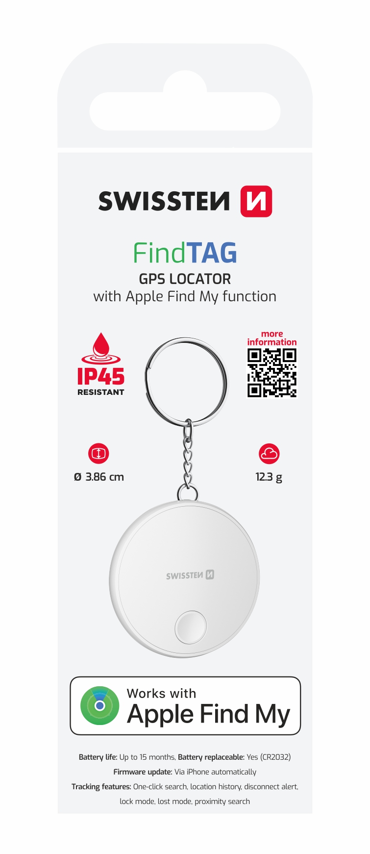 Swissten Chytrý lokátor Find Tag s funkcí Apple Find My klíčenka bílá