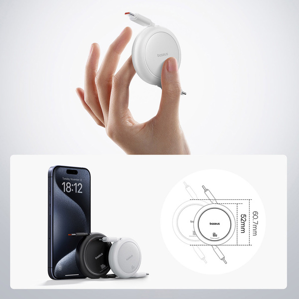 Baseus Free2Pull zatahovací kabel USB-C – USB-C 1 m bílý