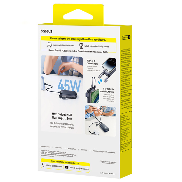 Baseus EnerFill FC21 powerbanka 10 000 mAh 45 W s LCD a odpojitelným kabelem černá