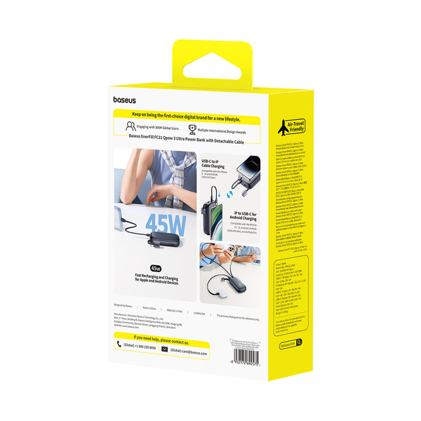 Baseus EnerFill FC21 powerbanka 20 000 mAh 45 W s LCD a odpojitelným kabelem černá