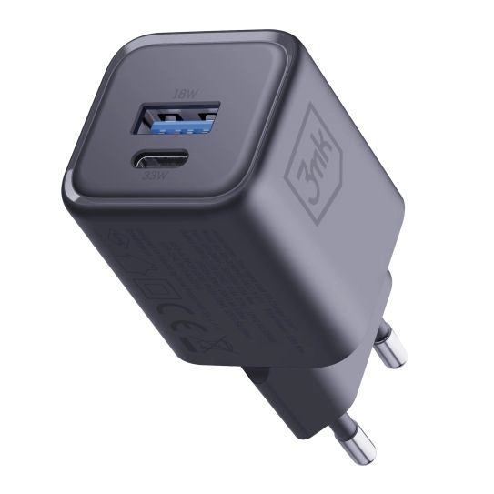 3mk Síťová nabíječka 33W – Hyper GaN Charger PD QC 4.0 PPS USB-C + USB-A černá