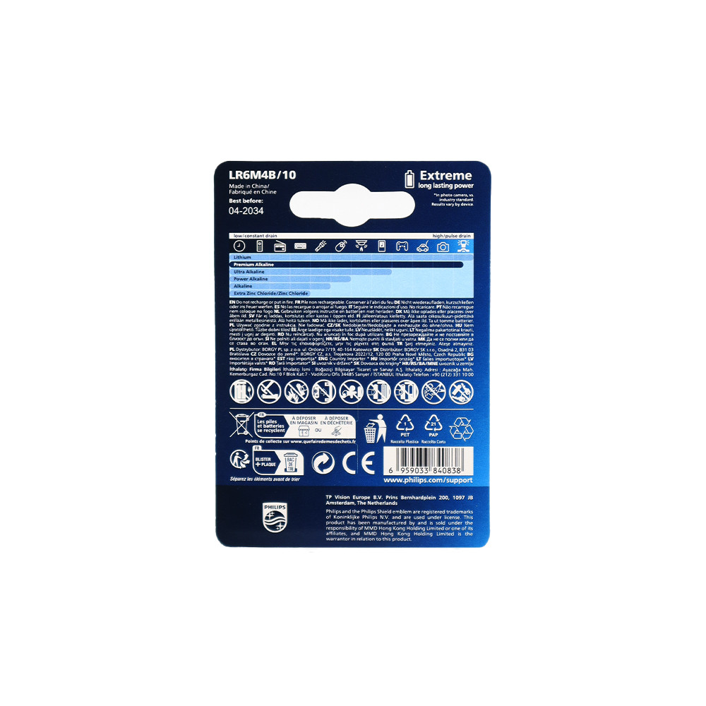 Philips Premium Alkaline AA LR6M4B/10 alkalické baterie 1,5 V v blistru 4 ks