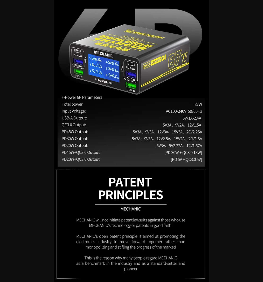 MECHANIC F-Power 6P inteligentní nabíjecí stanice USB 87 W pro GSM servisy
