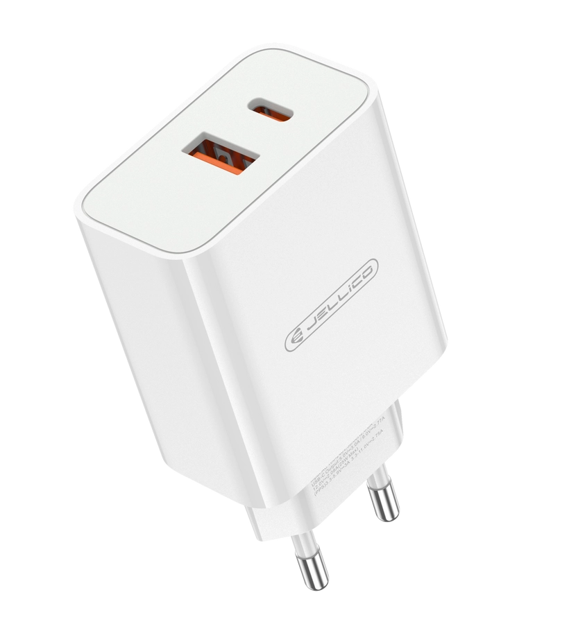 JELLICO síťová nabíječka EC02 multikompatibilní PD 120 W USB-C + USB-A QC 3.0 + kabel USB-C / USB-C bílá