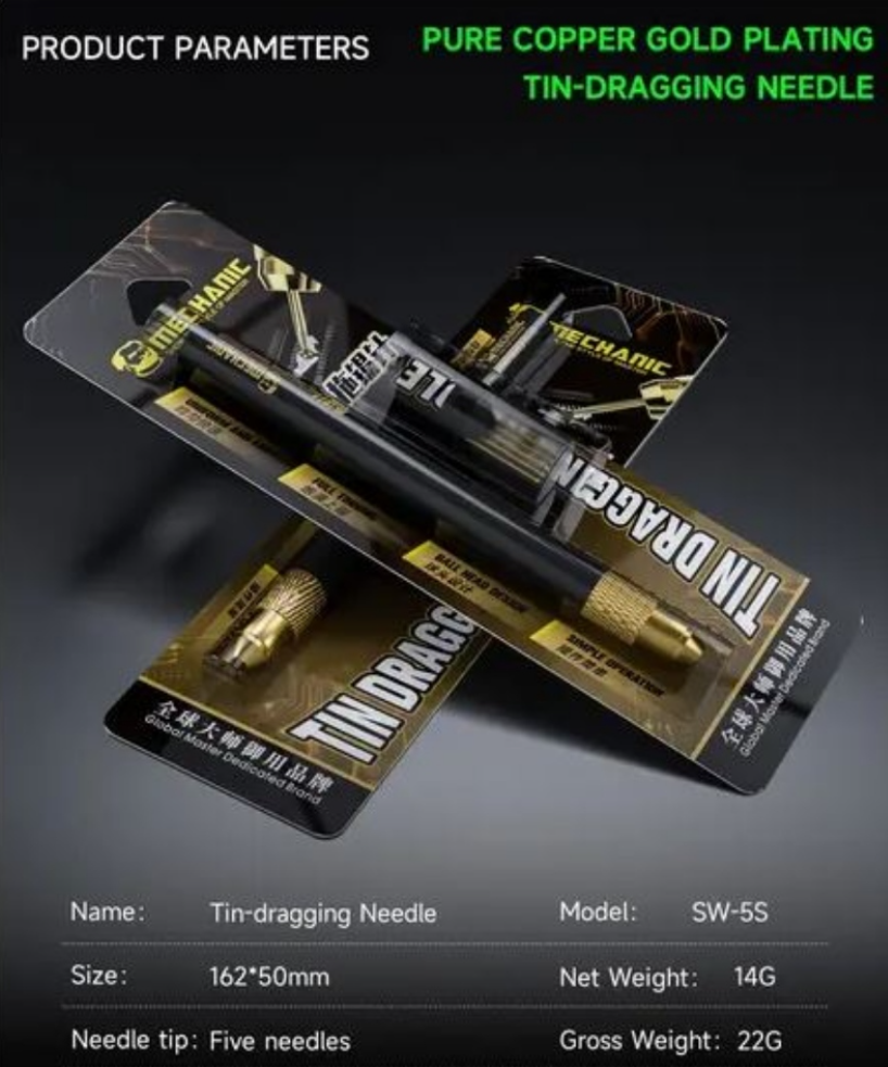 MECHANIC SW-5S sada pozlacených jehel pro nanášení a tažení cínu FPC, BGA, reballing 5 ks s držákem