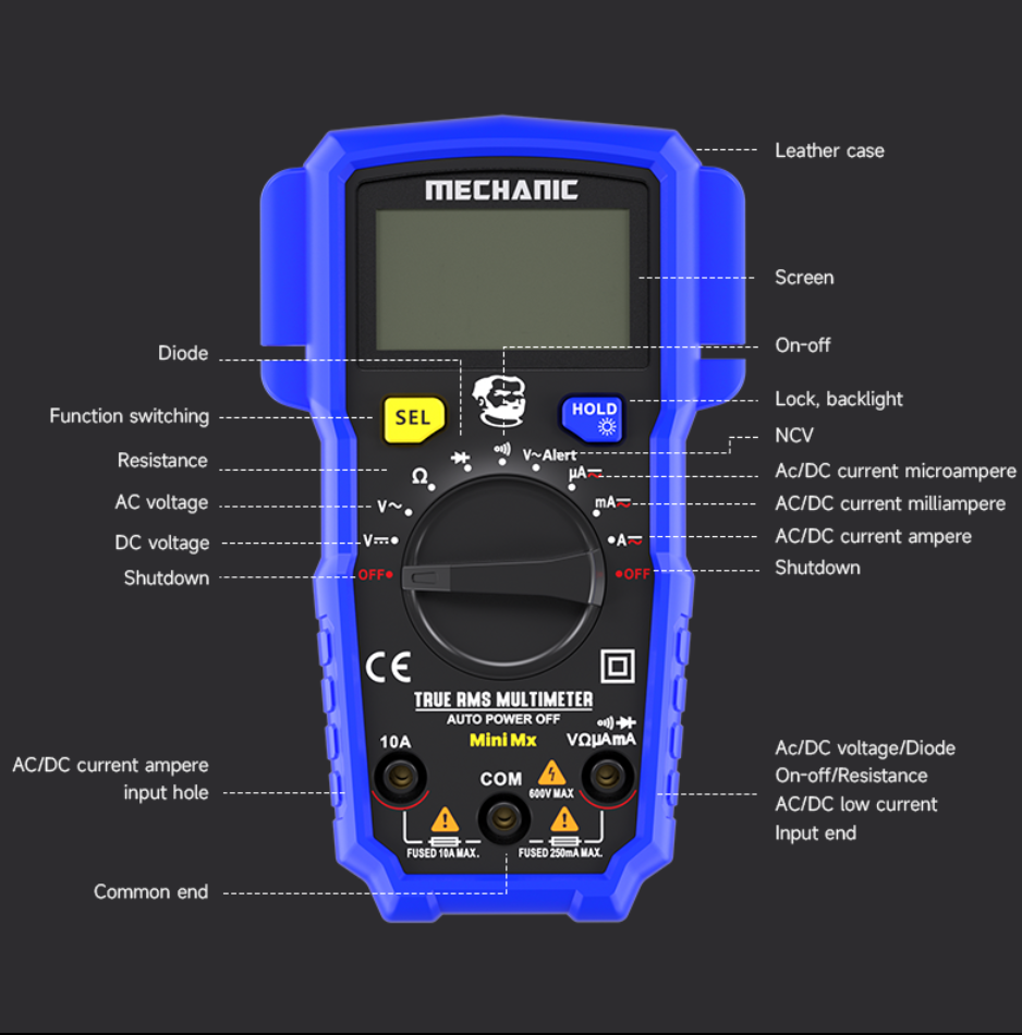 MECHANIC Mini MX inteligentní digitální měřič s funkcí NCV a ochranou proti přepálení s LED displejem