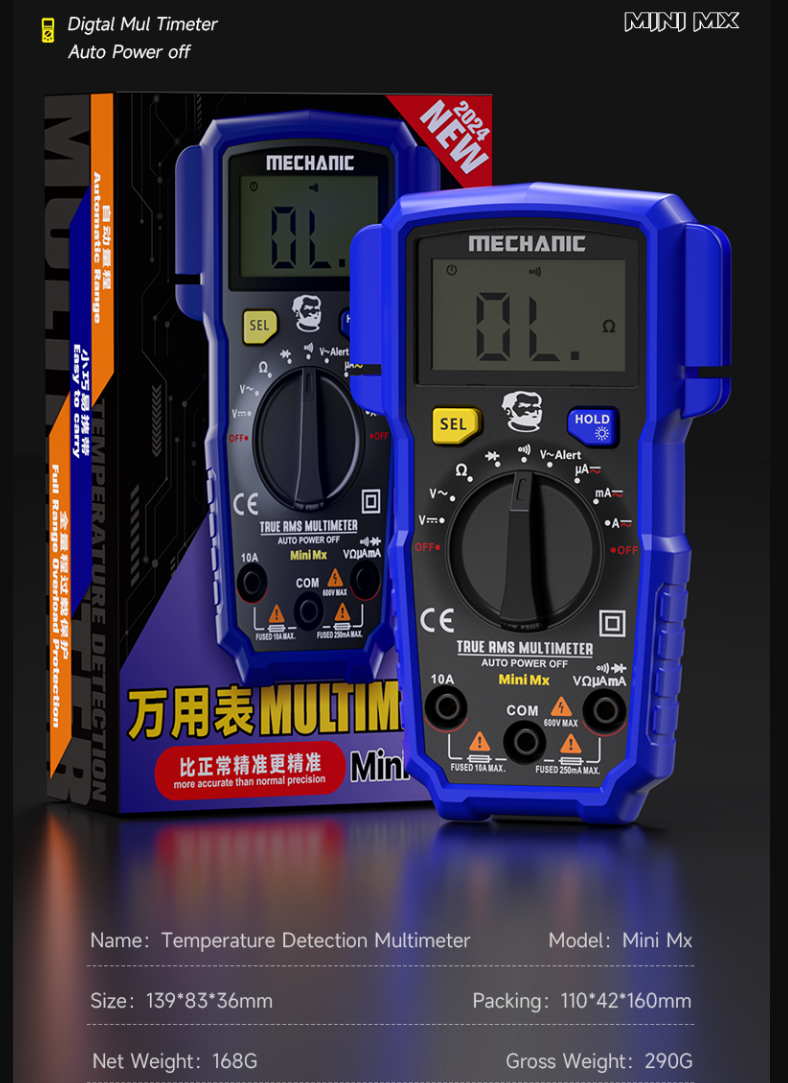 MECHANIC Mini MX inteligentní digitální měřič s funkcí NCV a ochranou proti přepálení s LED displejem