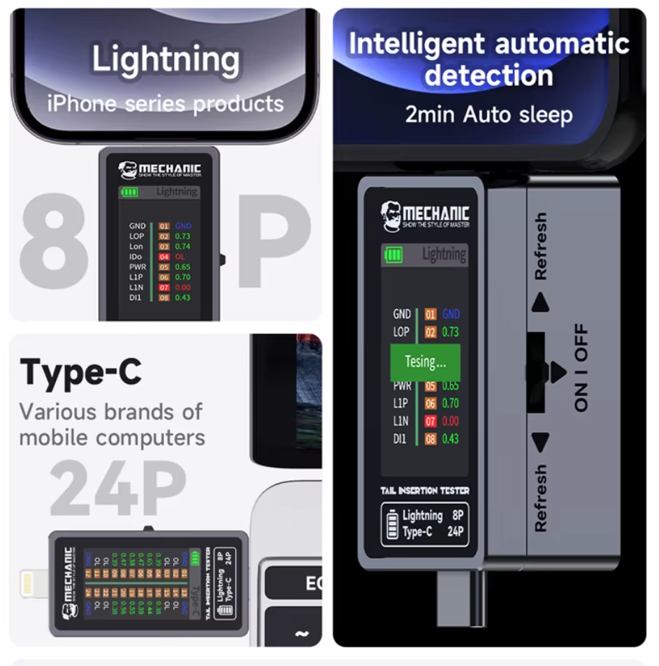 MECHANIC T-824 profesionální diagnostický tester napětí portu USB-C a Lightning