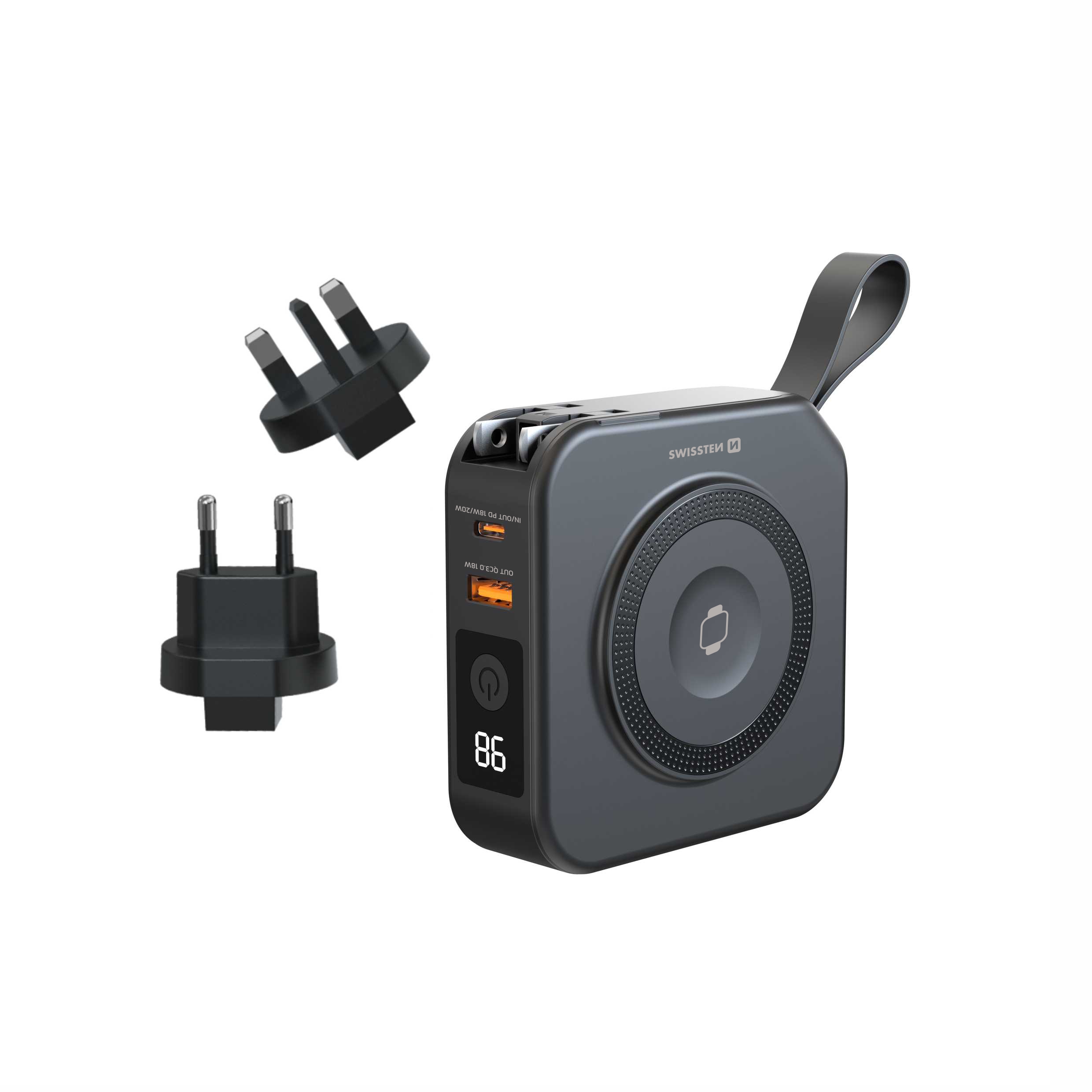 SWISSTEN Powerbanka a nabíječka EU UK US All In One Pro Vestavěný USB-C MagSafe kabel Apple Watch 10 000 mAh 20W Černá
