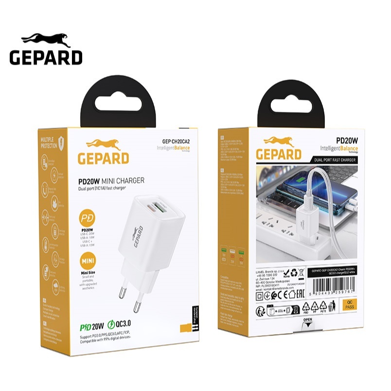 GEPARD síťová nabíječka PD 20W USB-C - USB-A Power Delivery bílá