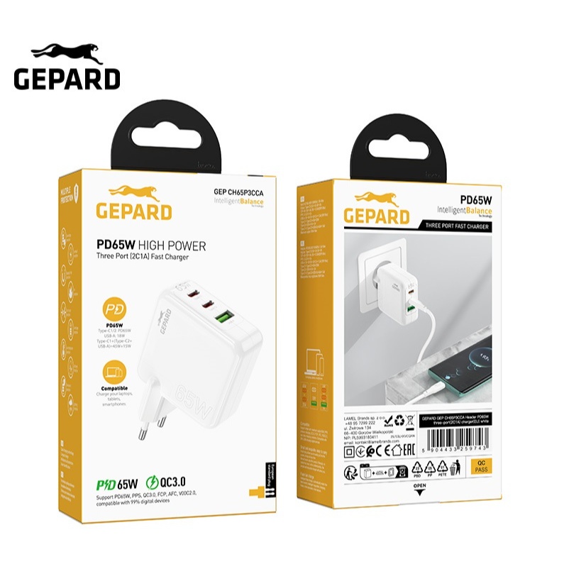 GEPARD síťová nabíječka PD 65W 2× USB-C - USB-A Power Delivery bílá