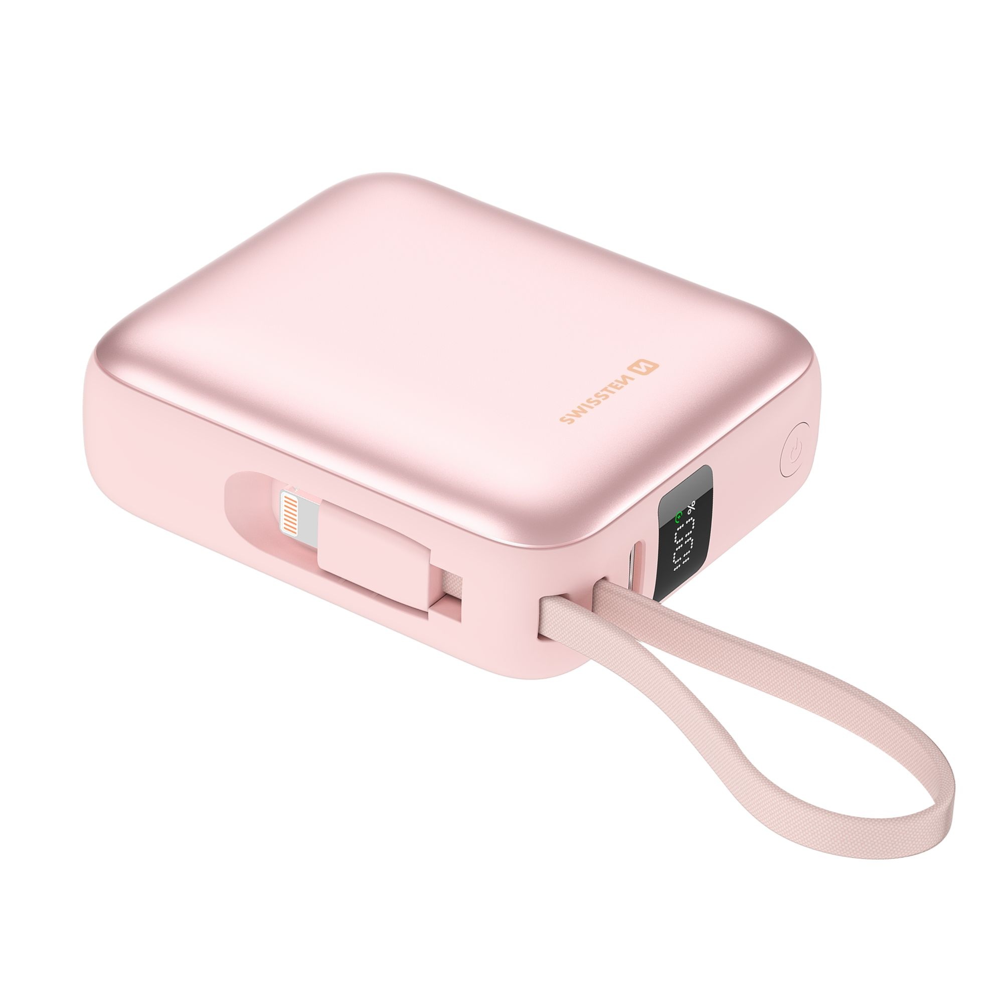 Swissten Powerbanka 10 000 mAh 22,5 W s vestavěným USB-C a lightning kabelem růžová
