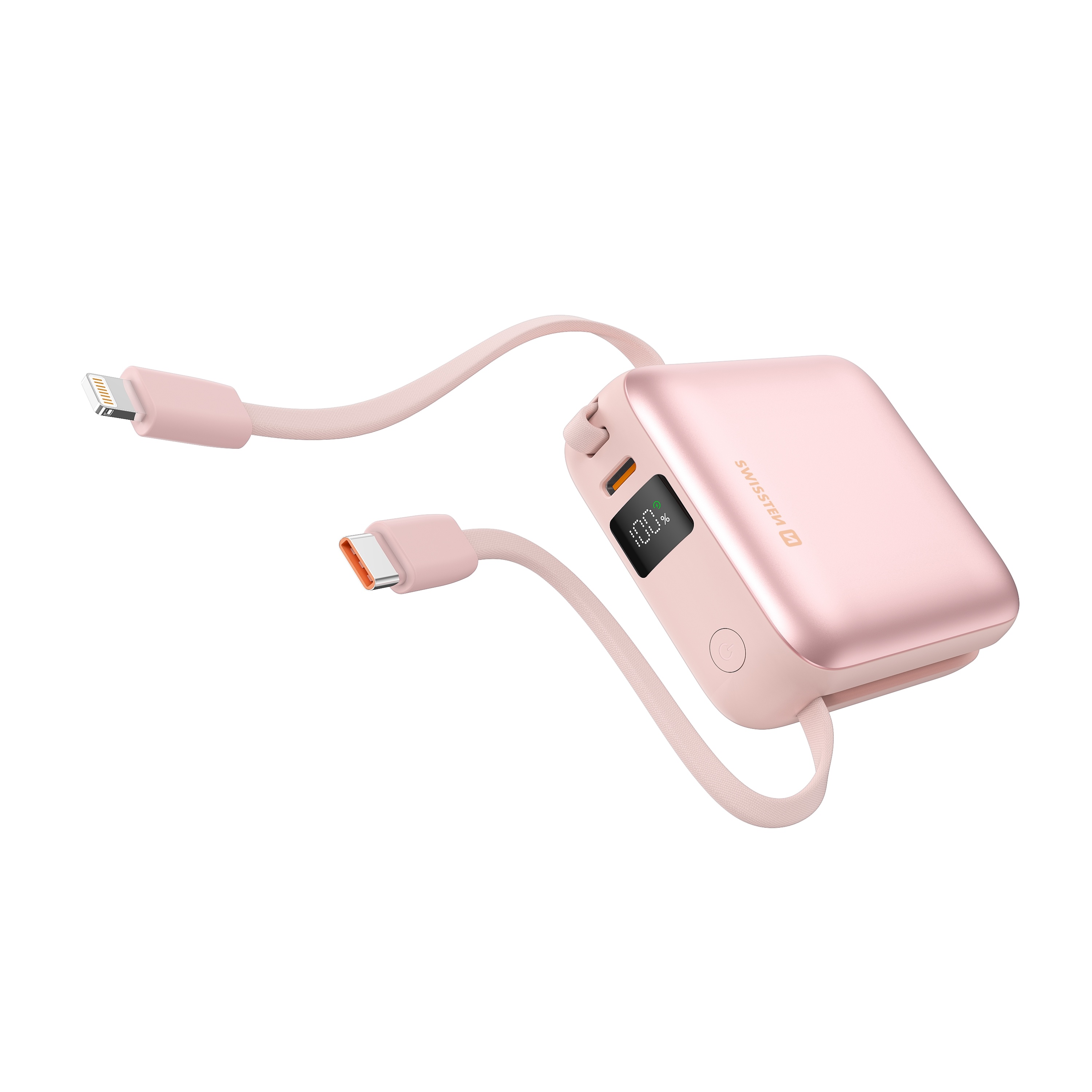 Swissten Powerbanka 10 000 mAh 22,5 W s vestavěným USB-C a lightning kabelem růžová