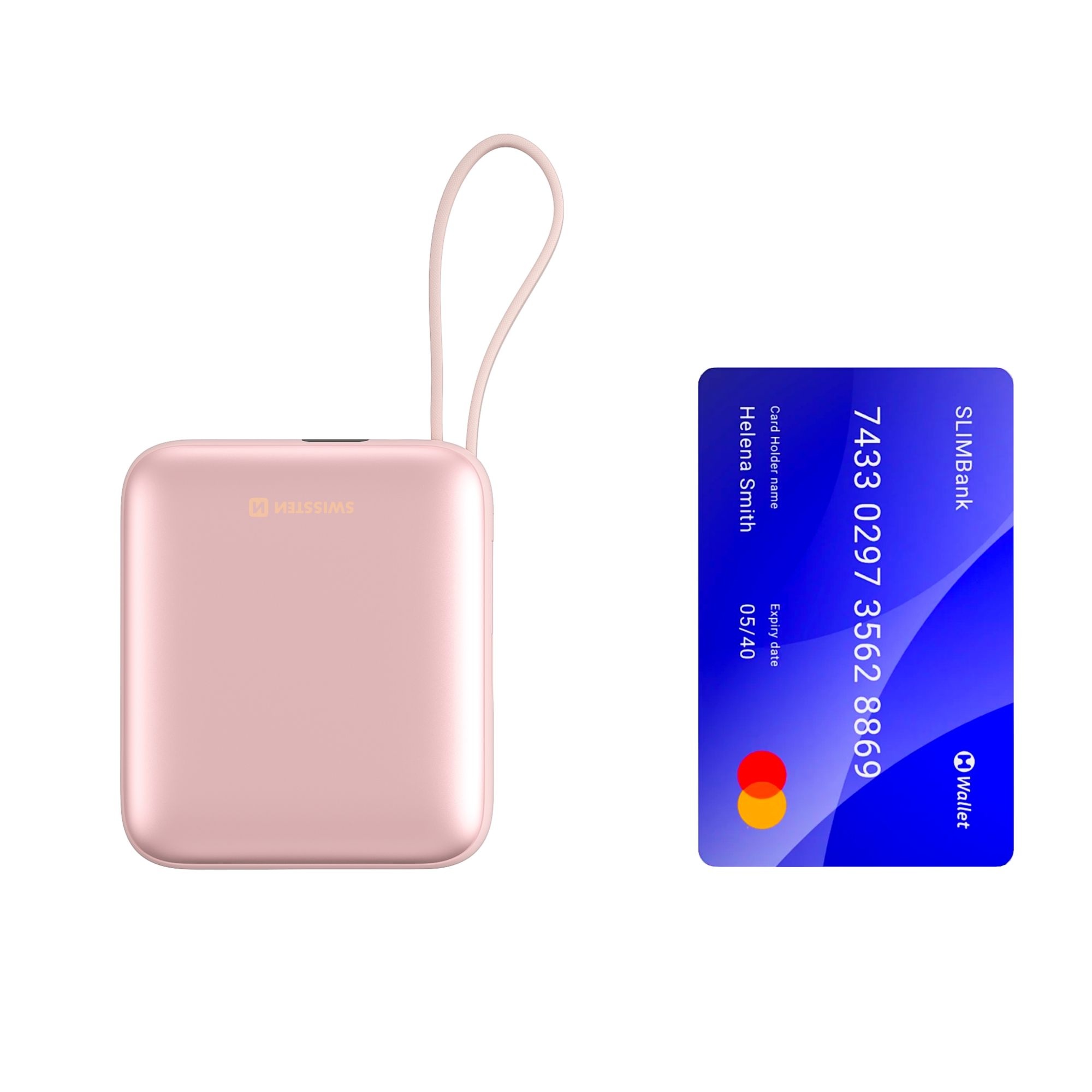 Swissten Powerbanka 10 000 mAh 22,5 W s vestavěným USB-C a lightning kabelem růžová