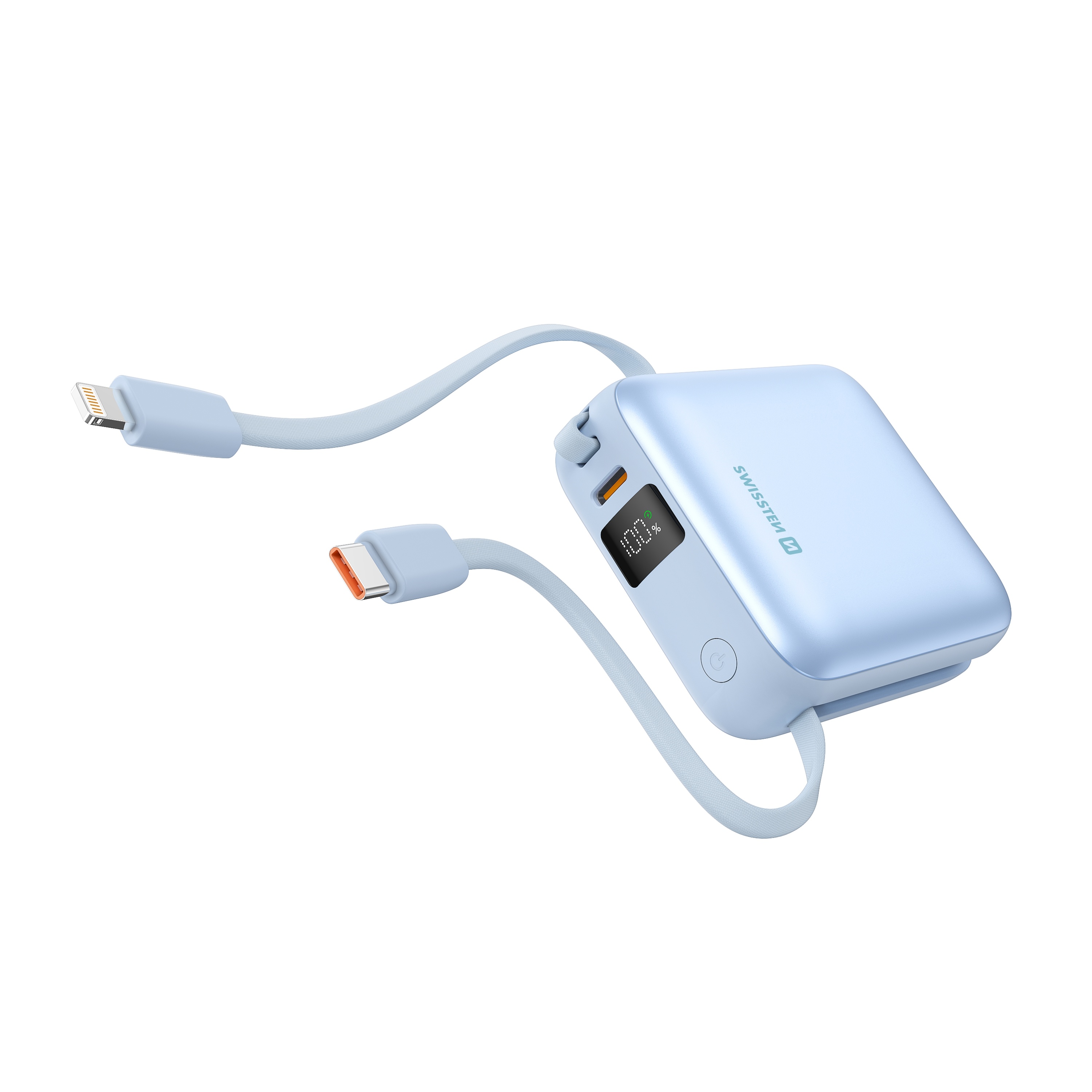 Swissten Powerbanka 10 000 mAh 22,5 W s vestavěným USB-C a lightning kabelem modrá