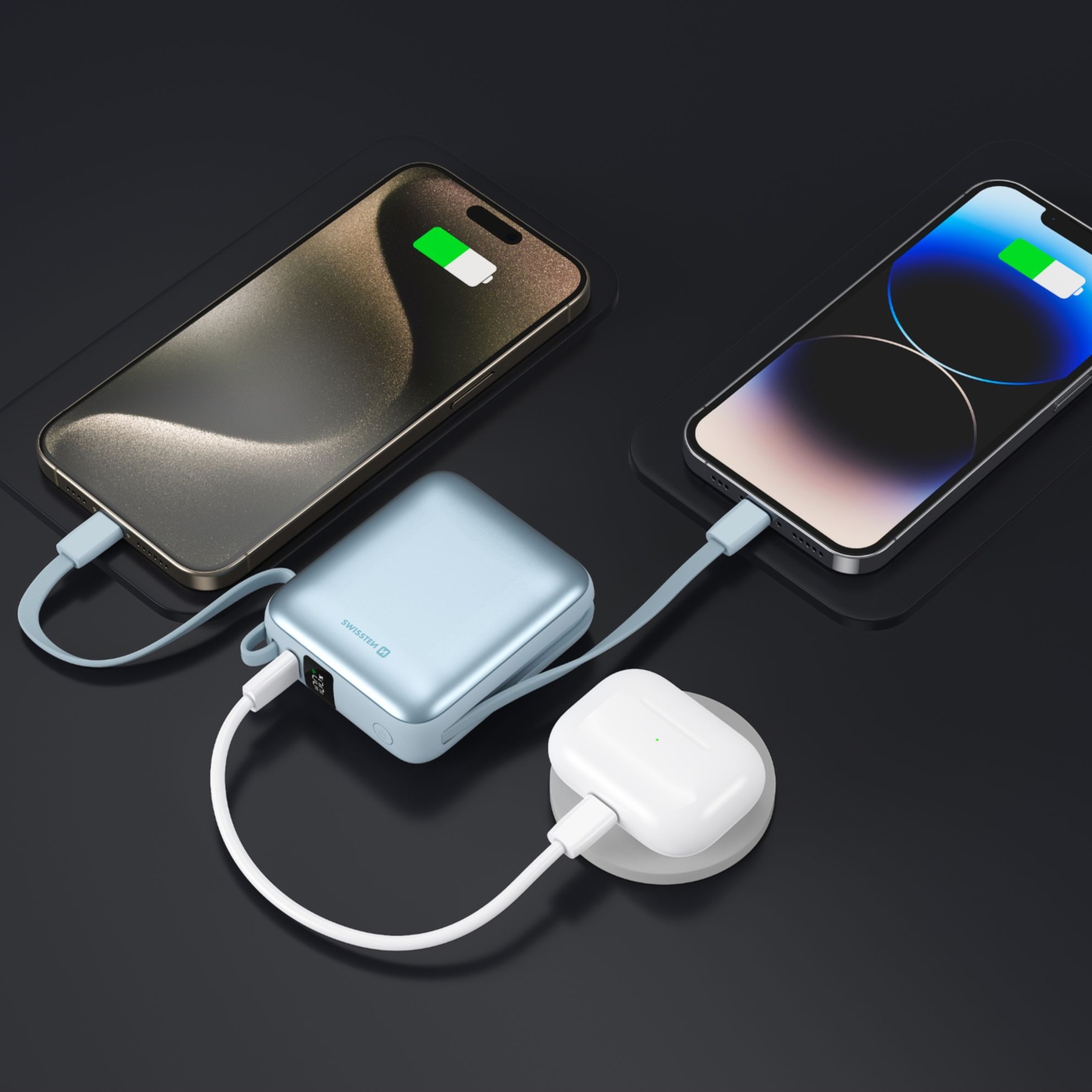 Swissten Powerbanka 10 000 mAh 22,5 W s vestavěným USB-C a lightning kabelem modrá