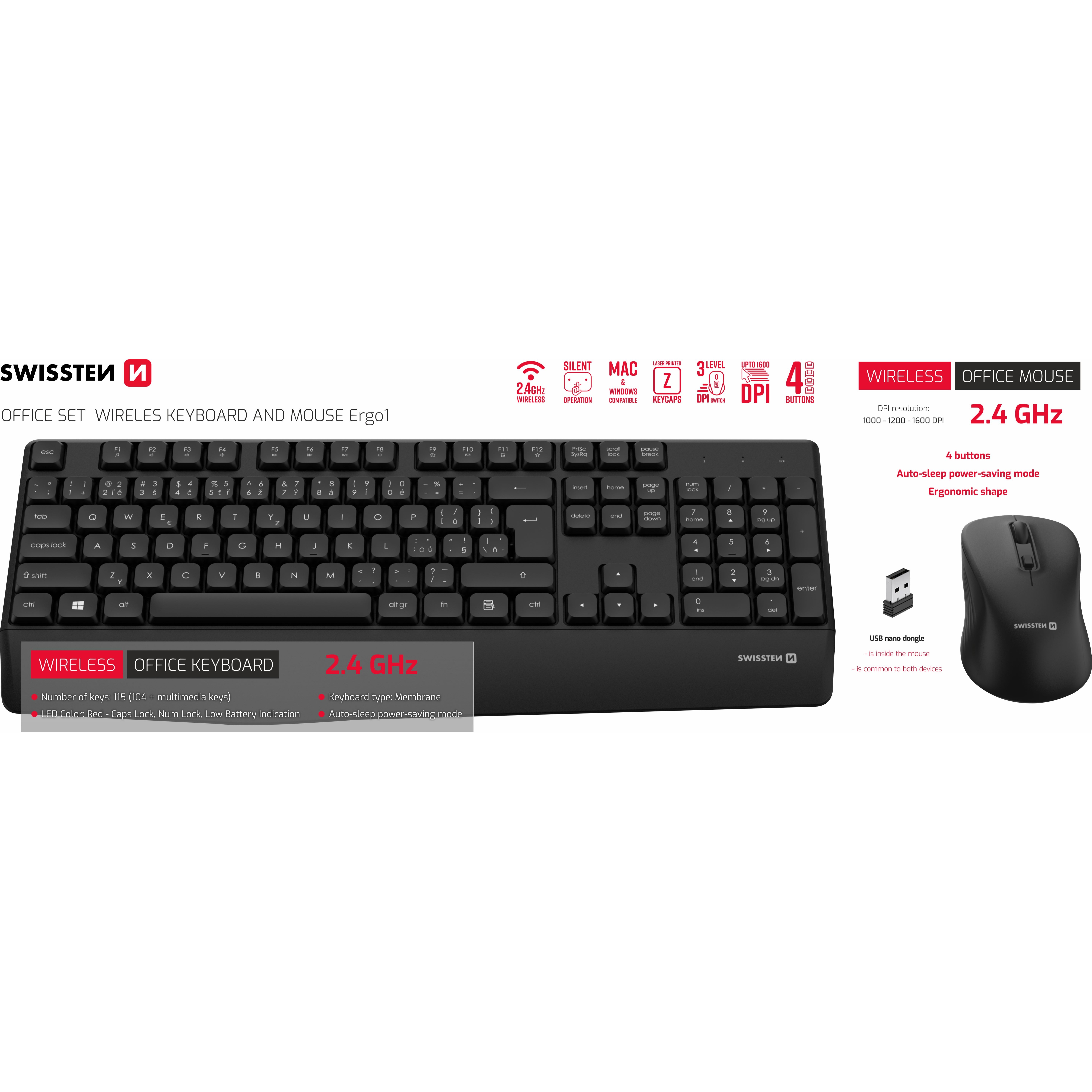 SWISSTEN Wireless Office Set – bezdrátová klávesnice a myš 2.4 GHz