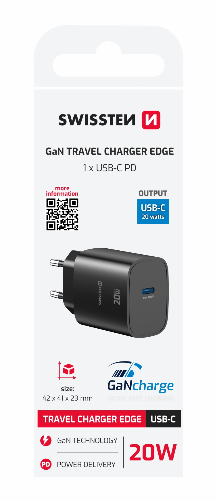 SWISSTEN EDGE GaN síťová nabíječka USB-C 20W černá – Power Delivery rychlonabíjení