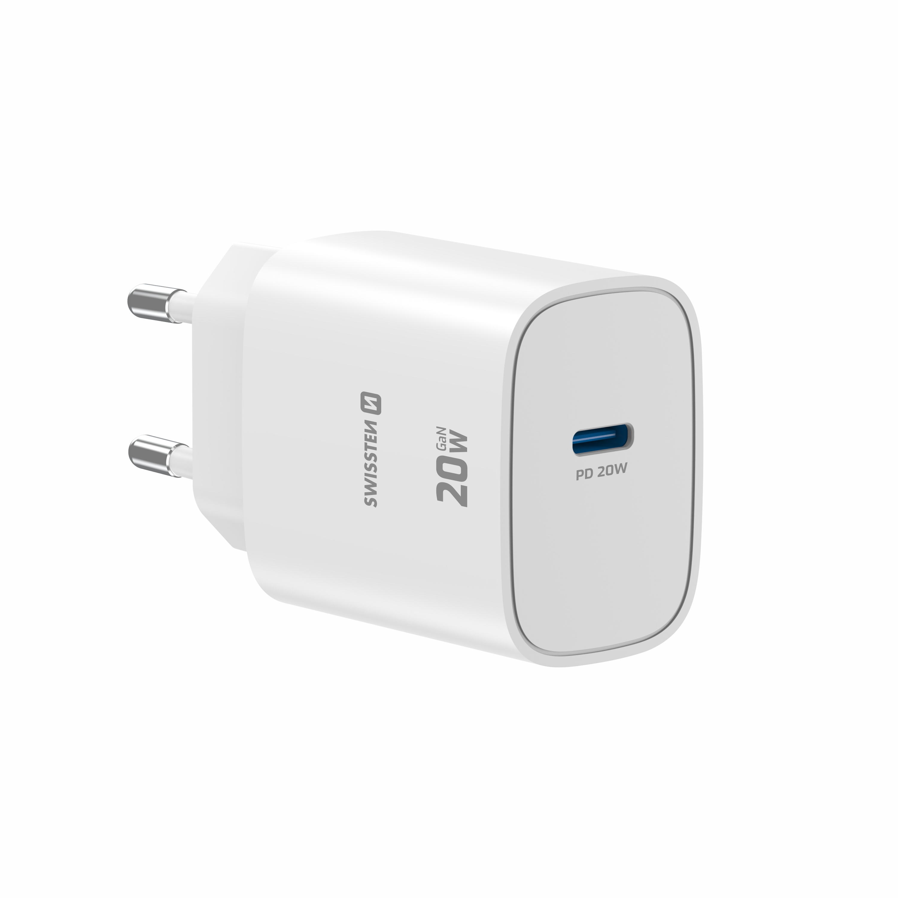 SWISSTEN EDGE GaN síťová nabíječka USB-C 20W – Power Delivery rychlonabíjení bílá