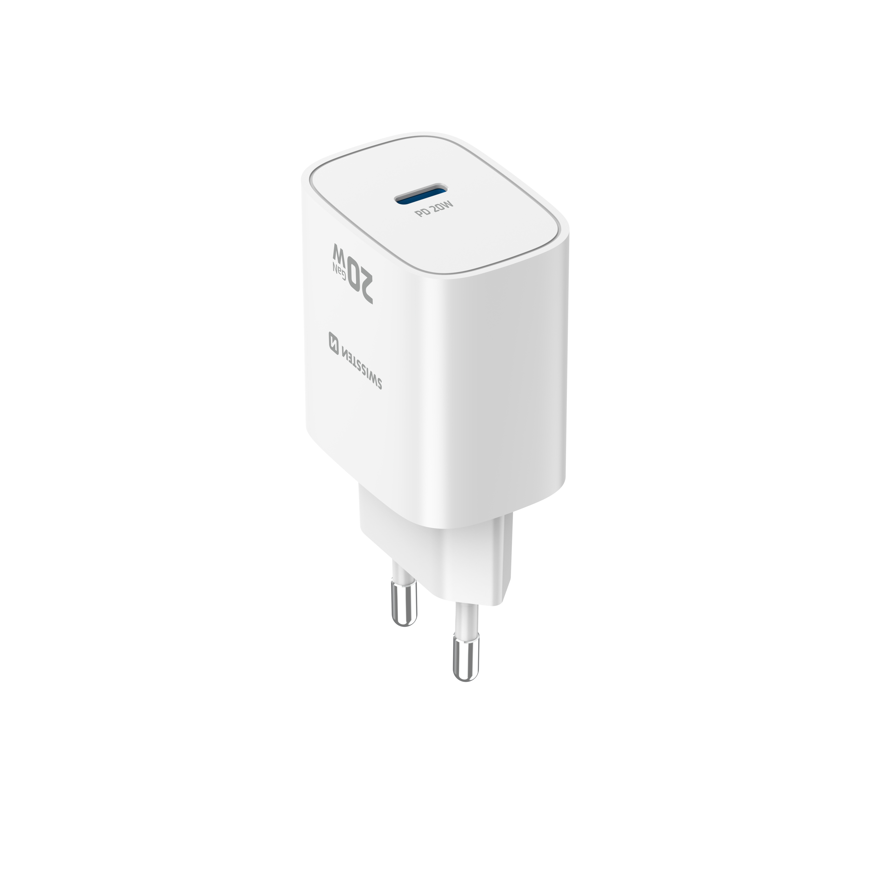 SWISSTEN EDGE GaN síťová nabíječka USB-C 20W – Power Delivery rychlonabíjení bílá