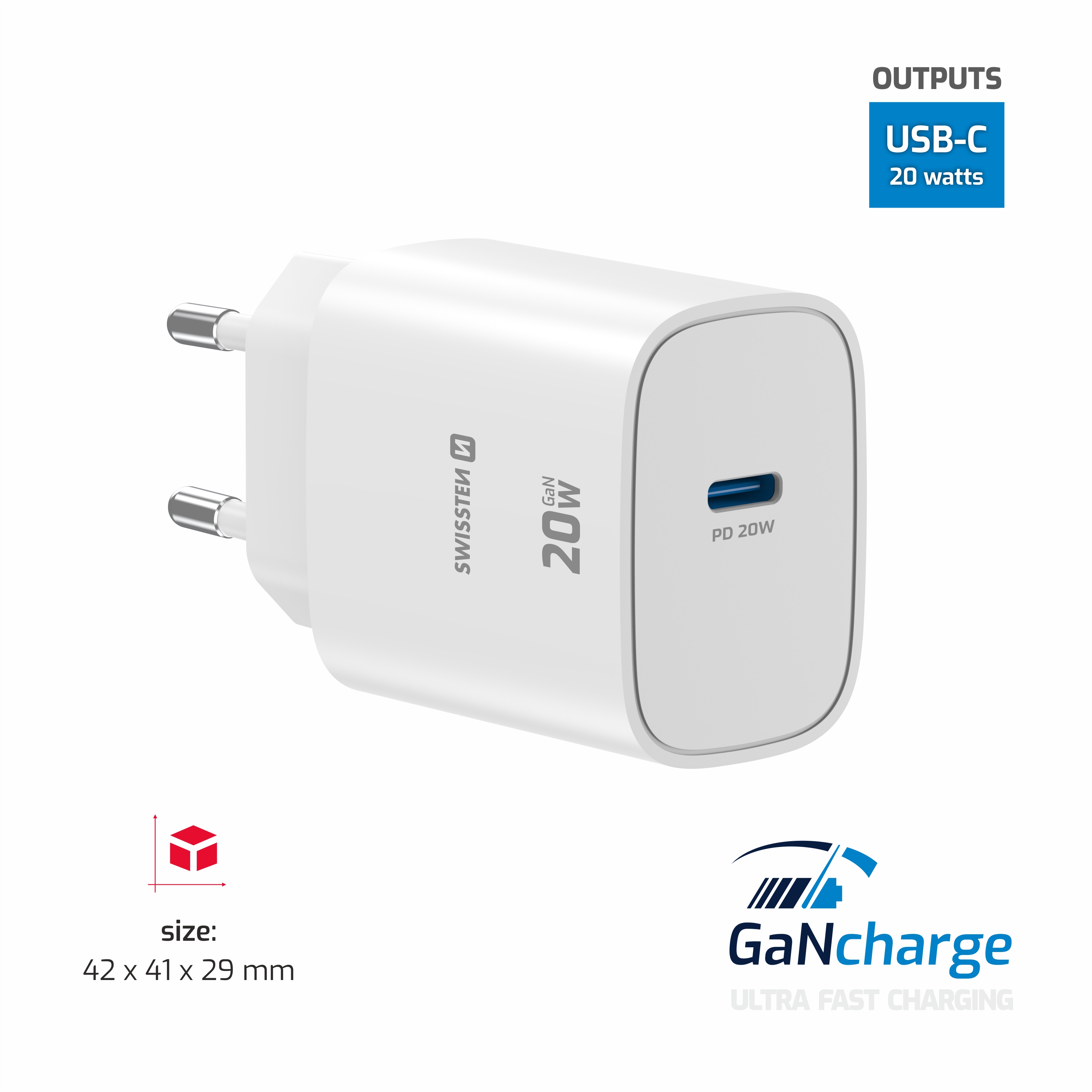 SWISSTEN EDGE GaN síťová nabíječka USB-C 20W – Power Delivery rychlonabíjení bílá
