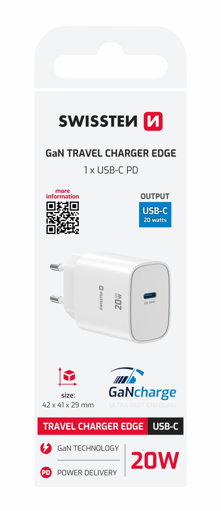 SWISSTEN EDGE GaN síťová nabíječka USB-C 20W – Power Delivery rychlonabíjení bílá