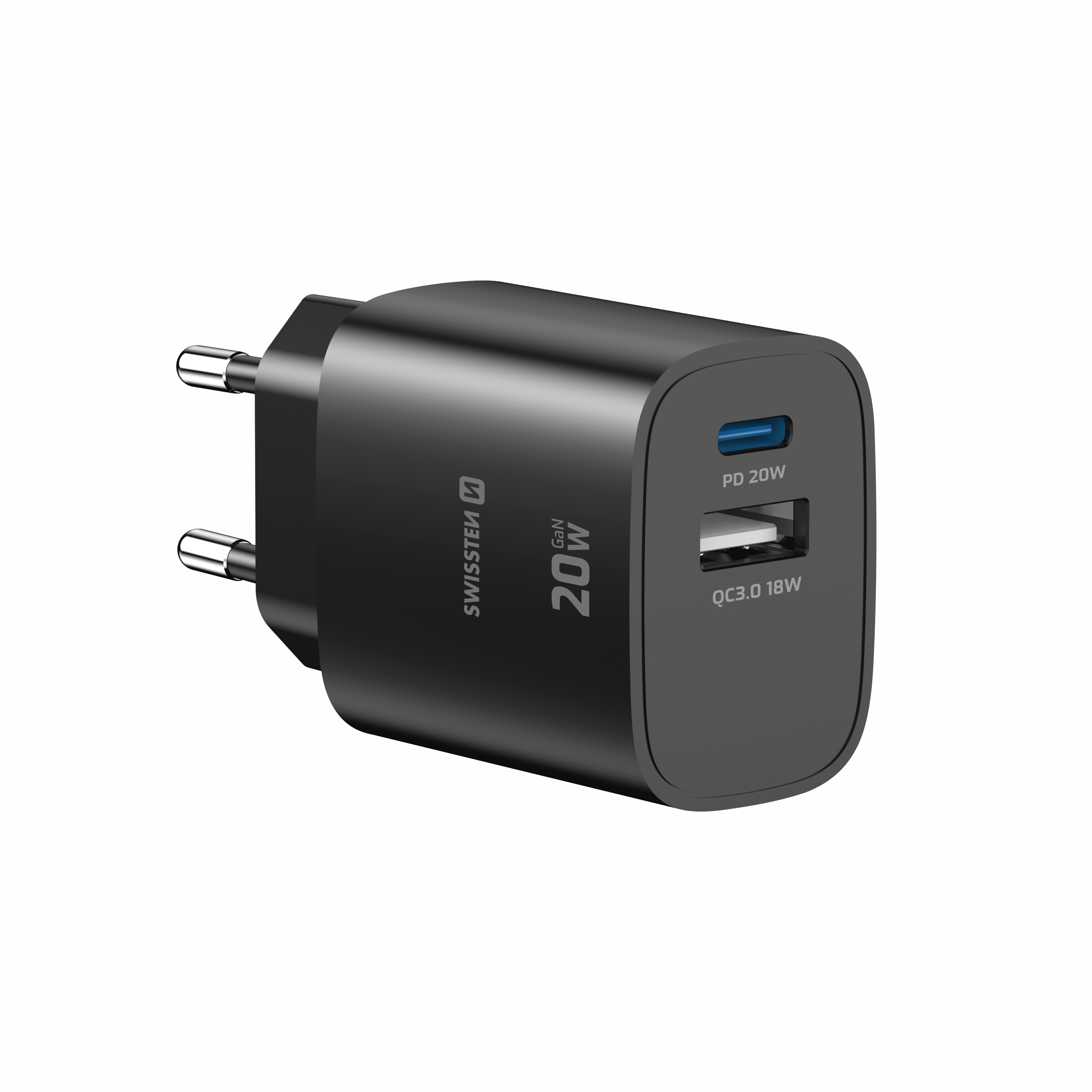 SWISSTEN EDGE GaN síťová nabíječka USB-C + USB-A 20W / 18W – Power Delivery a Quick Charge černá
