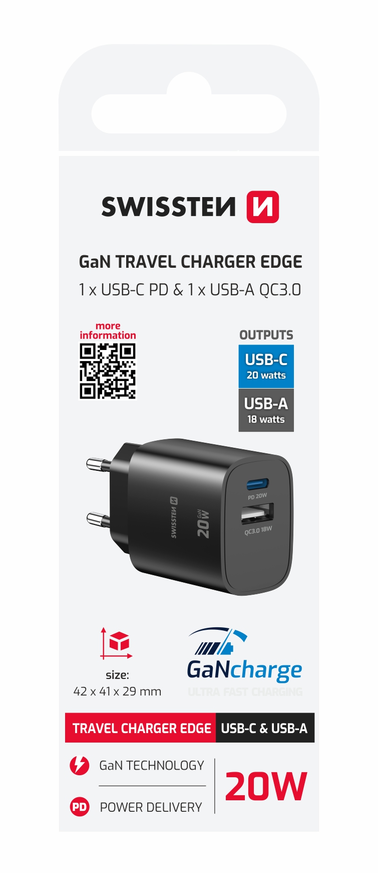 SWISSTEN EDGE GaN síťová nabíječka USB-C + USB-A 20W / 18W – Power Delivery a Quick Charge černá
