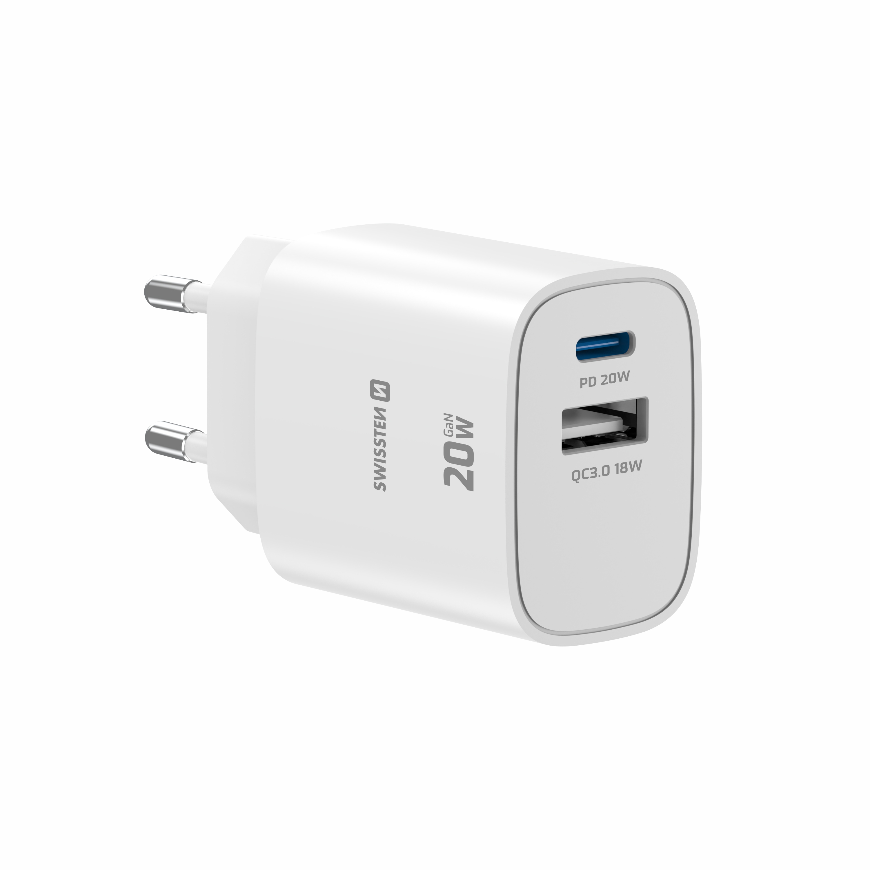 SWISSTEN EDGE GaN síťová nabíječka USB-C + USB-A 20W / 18W – Power Delivery a Quick Charge bílá